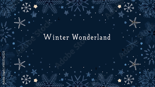 Dark winter themed background with abstract snowflakes and stars