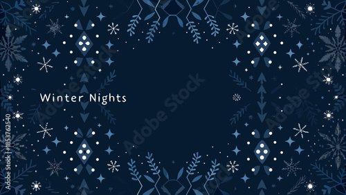 Flat winter themed background with abstract flowing snowflakes and stars on dark