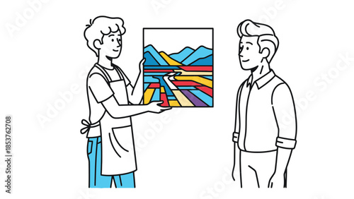 Artist Presenting Framed Artwork to Client at Gallery for Commission Sales and Art Consultation