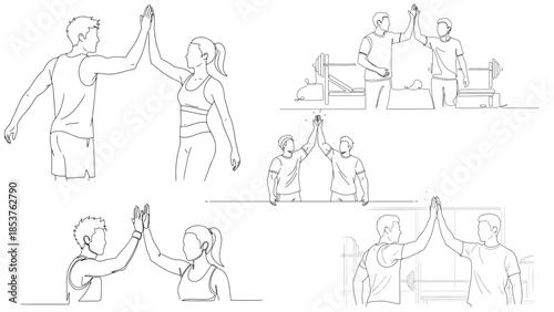 Two friends giving a high five after a successful workout session at the gym, minimalist line art vector illustration collection for fitness motivation and teamwork concepts