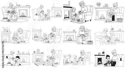 Senior grandparent teaching a young child how to knit wool by a cozy fireplace, minimalist line art vector illustration set for family traditions and generational learning concepts