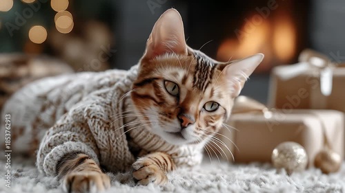 Wallpaper Mural Cozy Holiday Ambiance with a Cute Sweater Cat by the Fireplace Torontodigital.ca