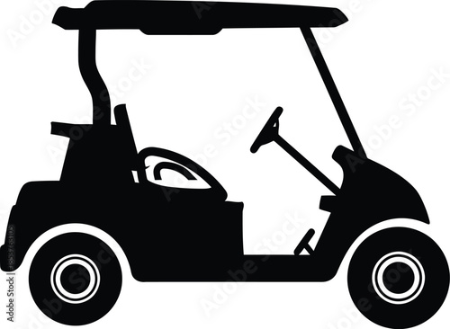 Simple black silhouette of a golf cart with visible wheels and steering wheel