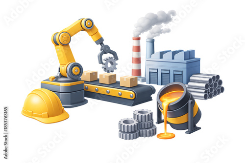 3d industrial factory concept with robotic arm assembly line, manufacturing plant, molten metal and gears on transparent background.