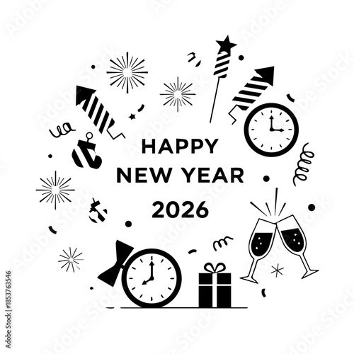 festive black and white graphic design wishing happy new year 2026 with clocks fireworks champagne and gifts