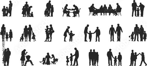 Family silhouette collection, parents children together standing walking sitting holding hands isolated on white background vector illustration