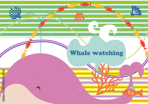 楽しい海のイメージイラストとピンクのクジラ