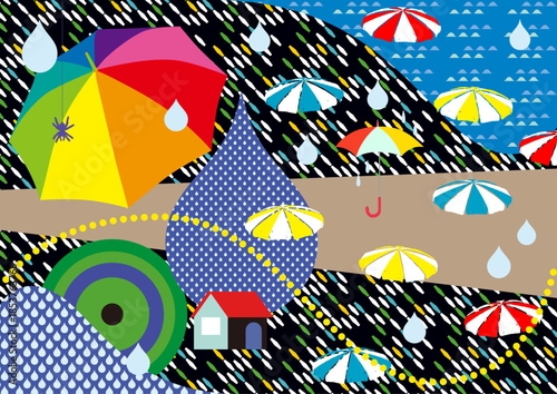 傘やパラソルがたくさんある楽しいイメージイラスト