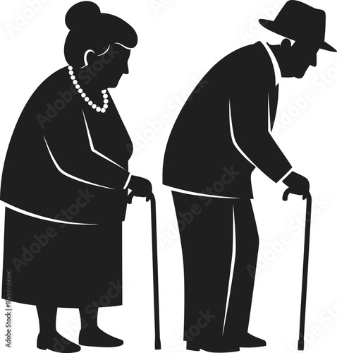 An elderly couple walking with canes depicted in a simple black silhouette