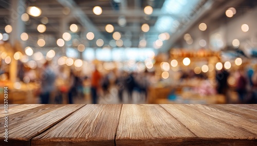 Wooden table foreground with a blurry backdrop of people and lights indoors