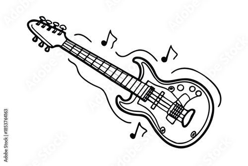 Doodle Electric Guitar with Musical Notes Illustration.