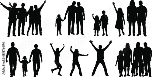People silhouettes collection showing families, groups, children and adults, human figures isolated, social relationship concept, community lifestyle illustration