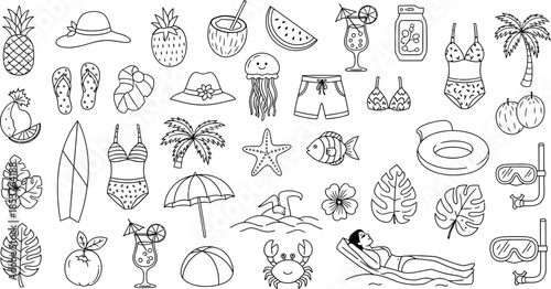 Summer vacation icons set with beach and tropical elements