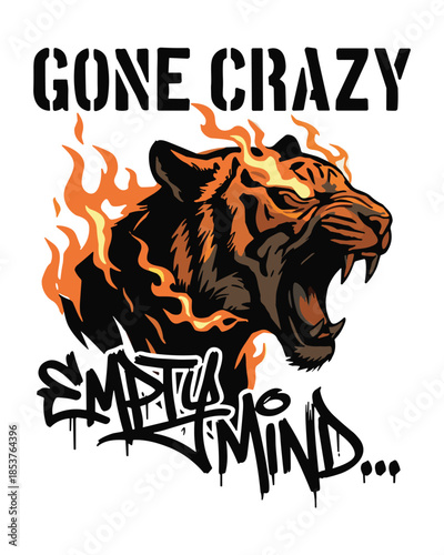 Aggressive tiger head engulfed in flames vector illustration for t-shirt prints, logos, and edgy branding, showcasing raw power and intensity