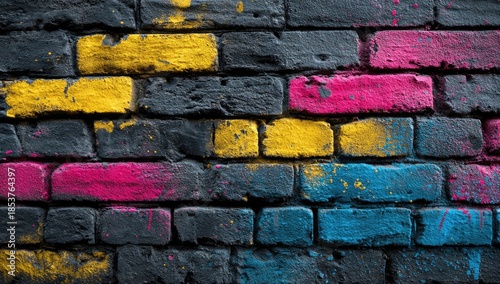 Close-up of a weathered brick wall painted with bold, contrasting colors creating a textured design