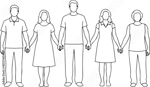 Group of people holding hands in a line from different perspective black and white