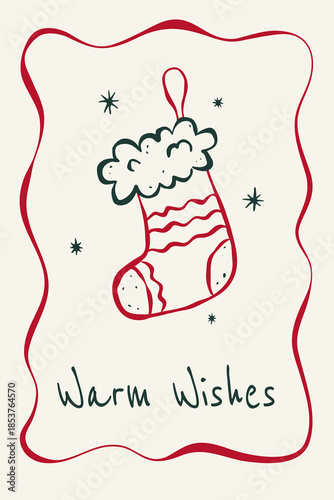 Greeting vertical card with hand drawn Christmas sock in sketch ink style and typography Warm Wishes. Flat vector illustration. Ideal for background, poster, cover, label, invitation