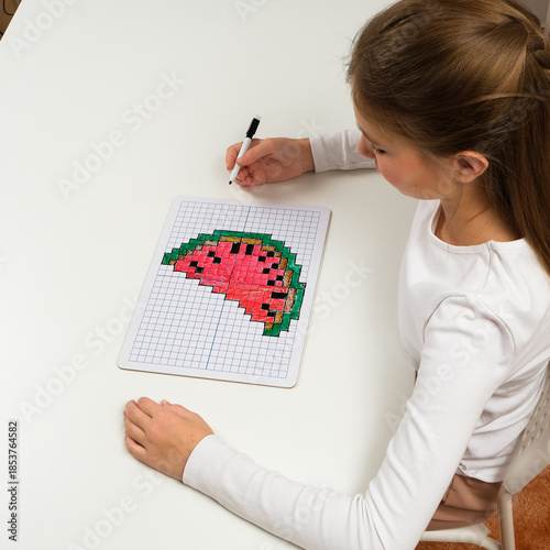 Photography A young schoolgirl diligently works on a coordinate geometry lesson, creating a colorful watermelon illustration on a grid board to master spatial reasoning and math skills