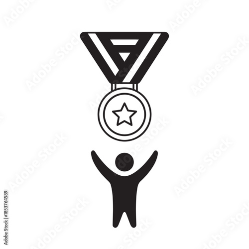 Minimalist icon of a person celebrating with a medal and ribbon.