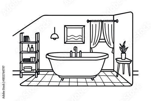 Minimalist Bathroom Interior with Bathtub and Shelving Unit.