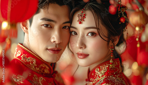 Radiant Love: A portrait of a stunning Asian couple on their wedding day, immersed in the rich traditions of their heritage. Their eyes reflect a world of hope, love.