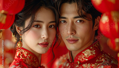 Harmony in Crimson: A radiant couple, resplendent in traditional attire, embodies the spirit of cultural celebration. Their united gaze speaks volumes of love and shared traditions.