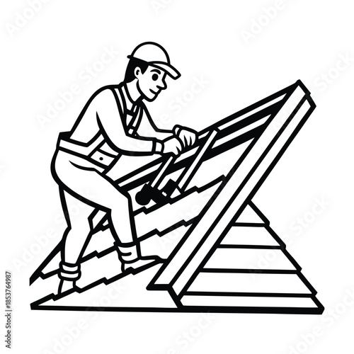 Roofer Working on House Roof Construction and Repair.