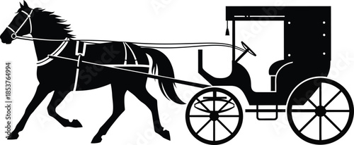 A black silhouette of a horse pulling a vintage carriage