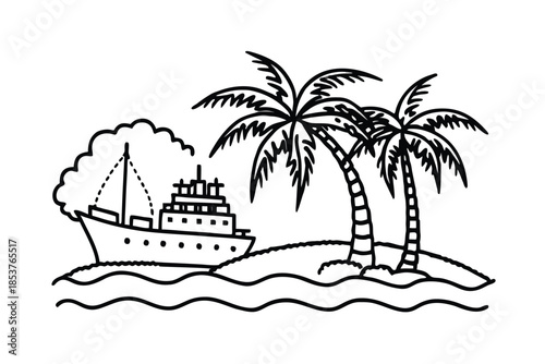 Cruise Ship Docked Near Tropical Island with Palm Trees.