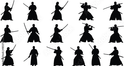Samurai warrior silhouette set, showcasing katana sword combat stances, martial arts poses, isolated black figures collection on white background vector