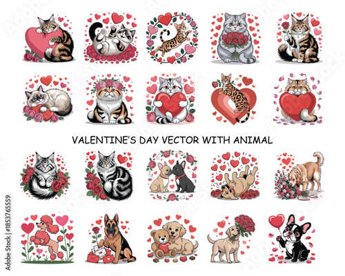 Valentine cats and dogs vector illustrations with hearts and roses Keywords: cat, kitten, dog
