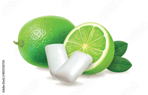 Bubble gum with a lime flavor. White pads of bubble gum spearmint for fresh breathing. Chewing gums for healthy teeth with lime fruit . Realistic 3D vector illustration