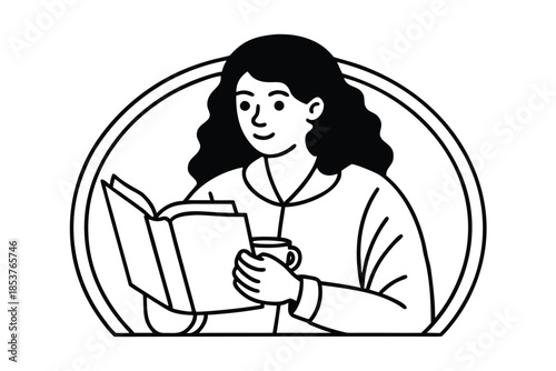 Woman Reading a Book and Holding a Cup of Coffee.