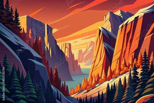 steep valley wall covered with dense forest creates a layered landscape where tall trees cling to sharp slopes and uneven ground formations