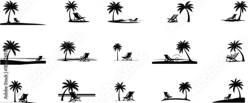 Tropical palm tree and boat silhouette collection