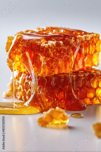 Golden honey dripping from stacked honeycomb cells
