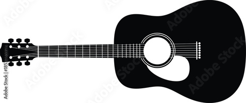 A simple black and white silhouette of an acoustic guitar viewed from above