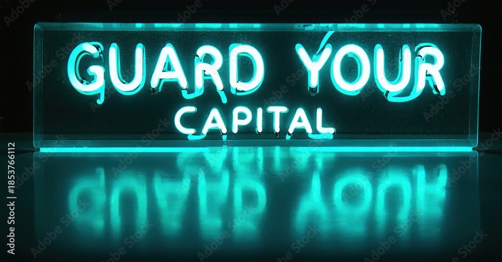 Obraz premium Bright neon sign displays text Guard Your Capital. Reflection visible below, dark background creates contrast. Simple, direct message.