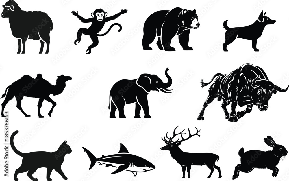 Obraz premium Black silhouettes of various animals on white background
