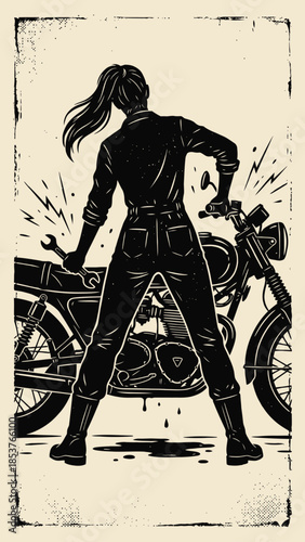 Vintage Linocut Illustration of Female Mechanic Fixing Motorcycle