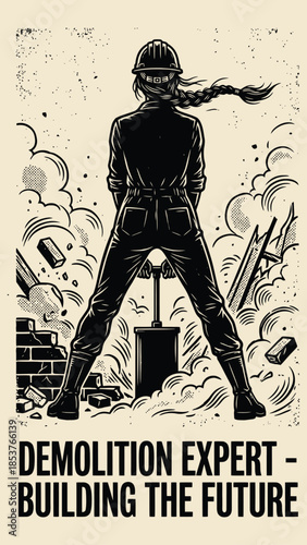 Female Demolition Expert Illustration Vintage Propaganda Poster Style