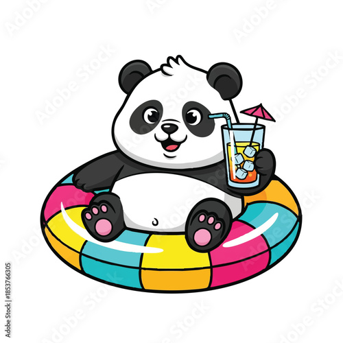 Cartoon panda bear sitting on a colorful inflatable ring holding a cocktail with an umbrella in a cute and playful summer scene.