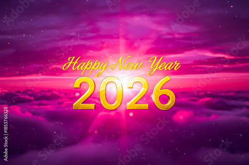 View of sunrise over the fluffy clouds in purple tone with text Happy New Year 2026 and glittering particles drifting in the air.