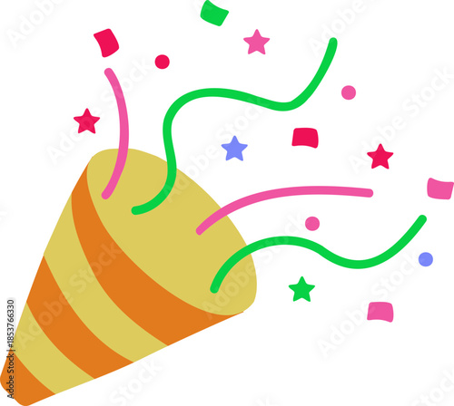 Party Popper icon. Festive collection of party popper icons with various fill patterns and exploding elements like stars, dots, and streamers. happy New Year 2026 vector icons collection.