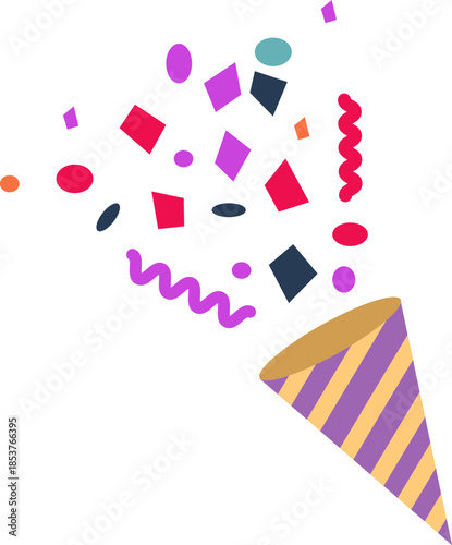 Party Popper icon. Festive collection of party popper icons with various fill patterns and exploding elements like stars, dots, and streamers. happy New Year 2026 vector icons collection.