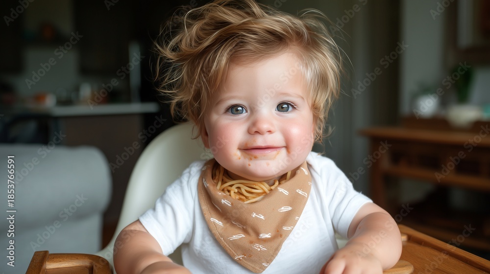 Fototapeta premium Cute baby wearing bib with tangled spaghetti noodles
