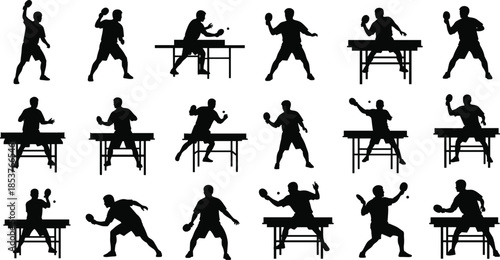 Table tennis player silhouettes, ping pong action poses, sport motion collection, competitive gameplay illustration, black silhouettes isolated on white backgroundTable tennis player