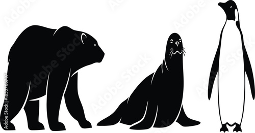 Black silhouettes of a bear seal and penguin in a row on white background