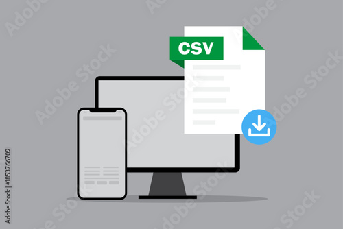 Flat illustration of CSV file download displayed on computer monitor and smartphone. 