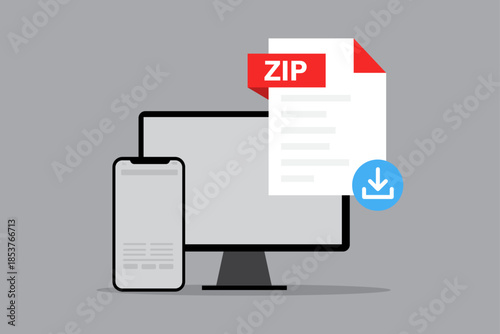 ZIP File Download Concept Illustration with Computer Screen and Smartphone, Compressed Data File